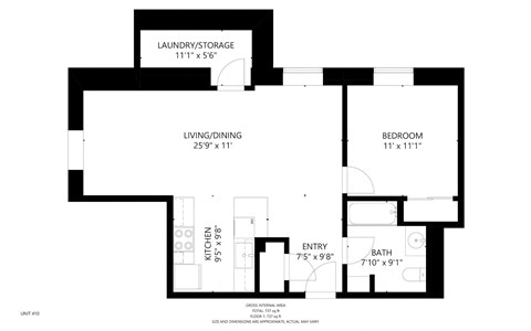 Floor plan for 1 bed, 1 bath, 695 sqft